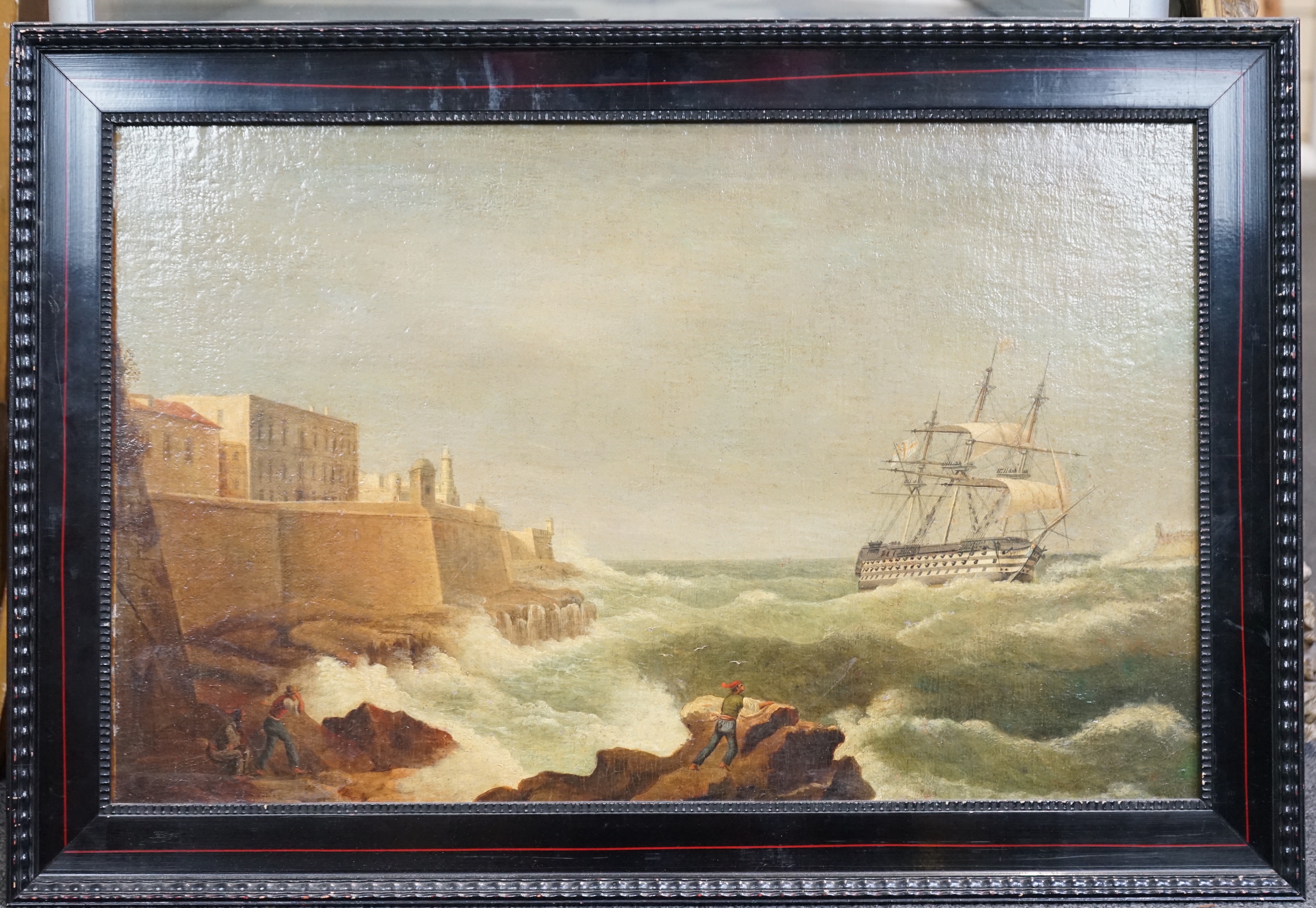 Attributed to Giovanni Schranz (Maltese, 1794-1882), A Private First Rate Man O’ War entering Valetta harbour, oil on canvas, 36 x 57cm